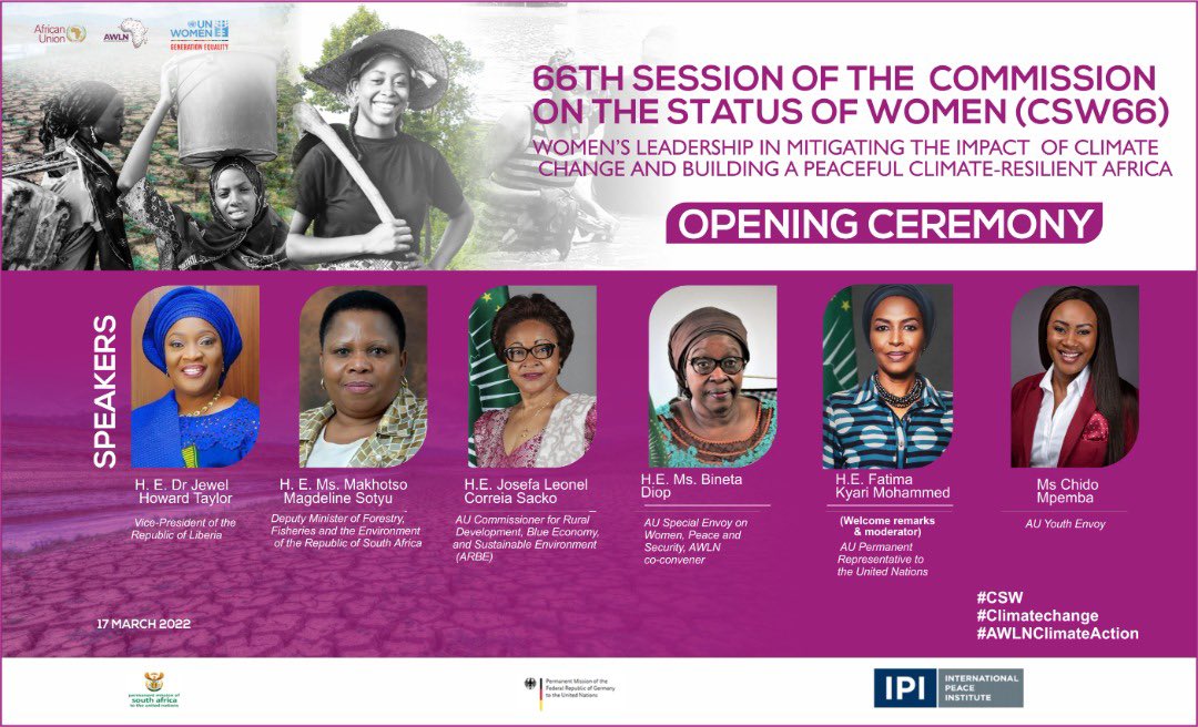 We welcome our panelists this morning:
<a href="/JewelHTaylorOff/">Jewel Howard Taylor</a> @AUBinetaDiop <a href="/FKMohammed1/">Fatima K. Mohammed</a> @ChidoCleoMpemba <a href="/SAMissionNY/">South Africa 🇿🇦 at the UN 🇺🇳</a> 

Women are agents of change, let’s amplify their agency and empower them in mitigating the impact of climate change 

<a href="/AUC_MoussaFaki/">Moussa Faki Mahamat</a> <a href="/FASNGO/">Femmes Africa Solidarité</a> <a href="/GimacNetwork/">GIMAC Network</a>