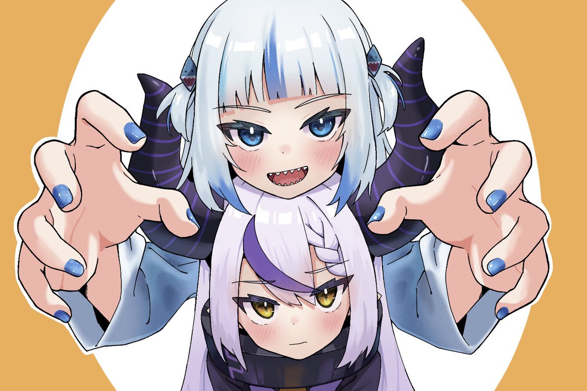 gawr gura ,la+ darknesss multiple girls 2girls horns streaked hair blue eyes purple hair grey hair  illustration images