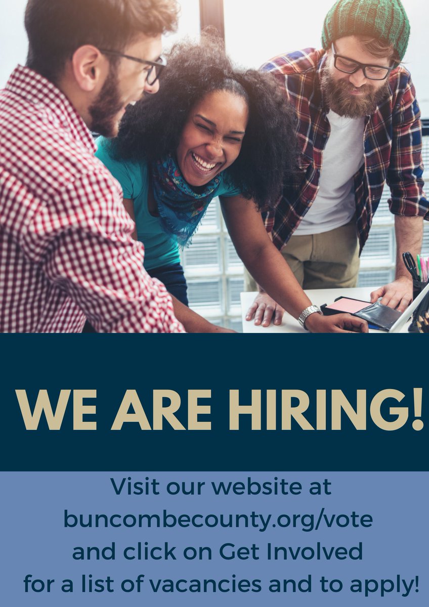 BuncombeCoVotes's tweet photo. Join our in-office temporary staff team! We are hiring various positions to assist us during the election season.

Visit https://t.co/XVQDVDo4h8 for a list of vacancies and to apply!

#nowhiring #wewantyou #electionseason #jobs https://t.co/vSjzmZB4oW