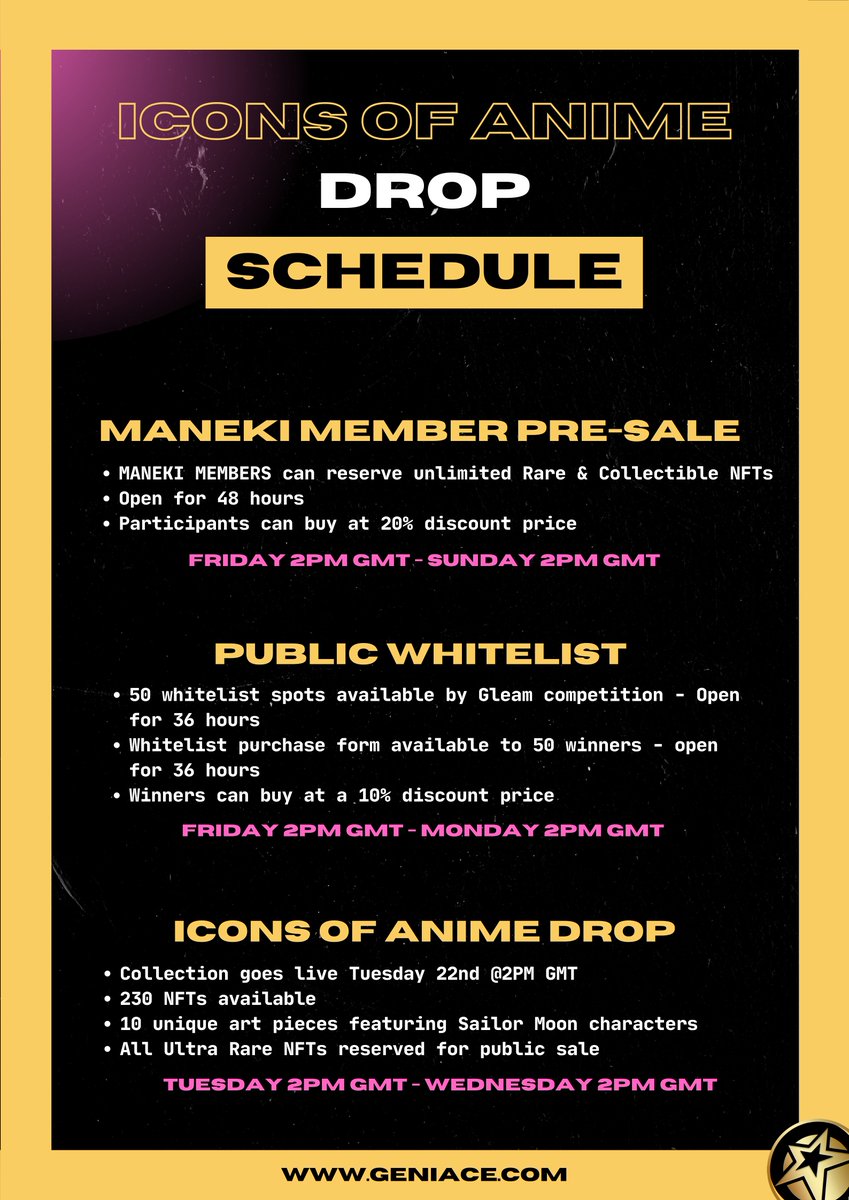 heygeniace's tweet photo. We have an action packed weekend ahead of us folks!

3 Major events:

- MANEKI MEMBER pre-sale event🔥
- 50 whitelist spots up for grabs🔥
- Icons of Anime collection going live on Tuesday @2PM GMT🔥

Check out the the graphic for key dates/times. Don't miss out! https://t.co/ZlH0luOs8m