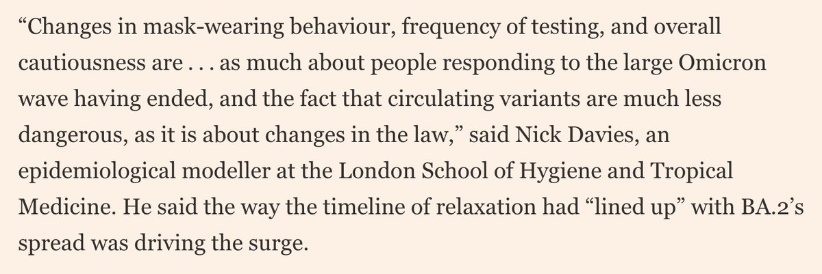 • And second, despite two years of evidence to the contrary, we continue to attribute to policy what is better understood as people making independent decisions in response to the status of the pandemic, with policy being just one influence.As  @_nickdavies put it to us: