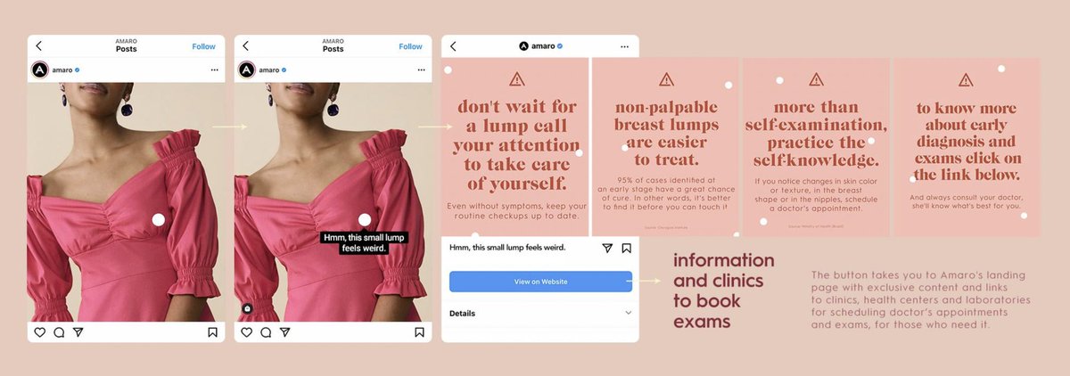 AlexNSymonds's tweet photo. Retailer Amaro partnered with @VMLYR to create The Virtual Nodule. Usually the 'shop now' feature on insta leads consumers to a landing page to buy products but this function was transformed into a #breastcancer awareness/prevention tool. What a creative use of socials! #SocMarBU https://t.co/A2zPrtK0L9