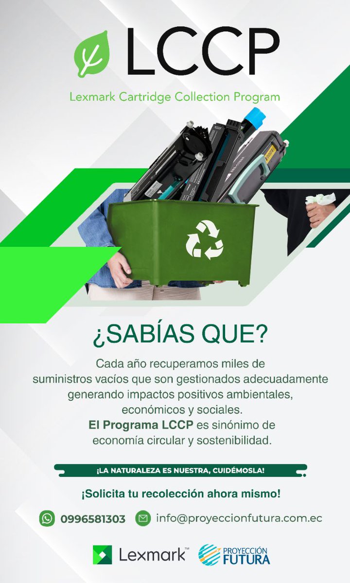 PFuturaec's tweet photo. #Lexmark a través de su programa de recolección ambiental #Lccp en #Ecuador recupera miles de sumisnitros vacíos de la marca para ser reciclados aportando significativamente a la #economíacircular del país ♻️
#reciclaje #CuidadoDelAgua #cuidadodelambiente #reecoleccion #sumistros https://t.co/PRkFHwaVPg