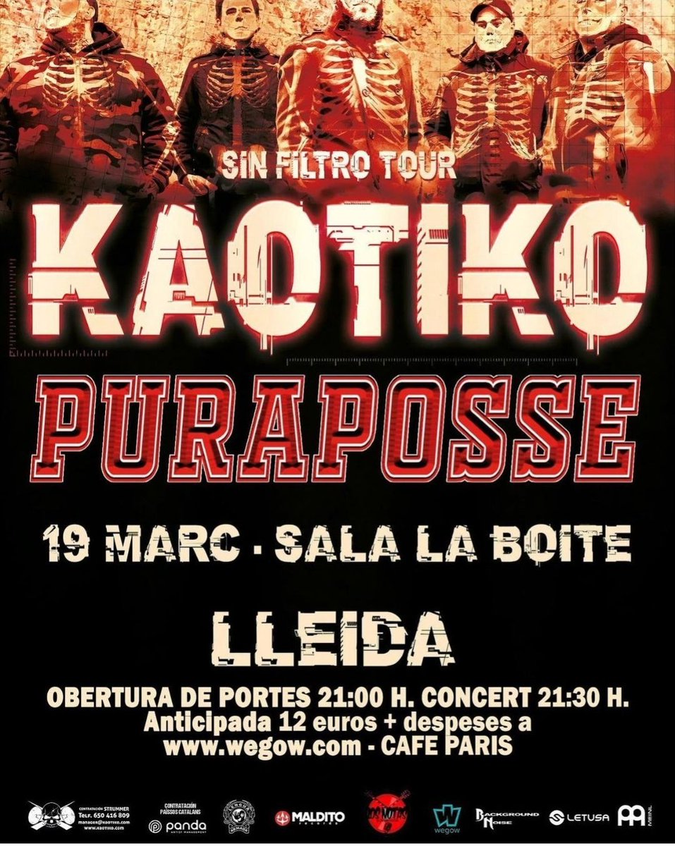 ConcertsCat_'s tweet photo. Concert dissabte 19 amb KAOTIKO i PURAPOSSE a Lleida.

📍La Boite
⏲️21h
🎟️12€

#laboite #lleida #concertscatalunya https://t.co/376LWzYrKR