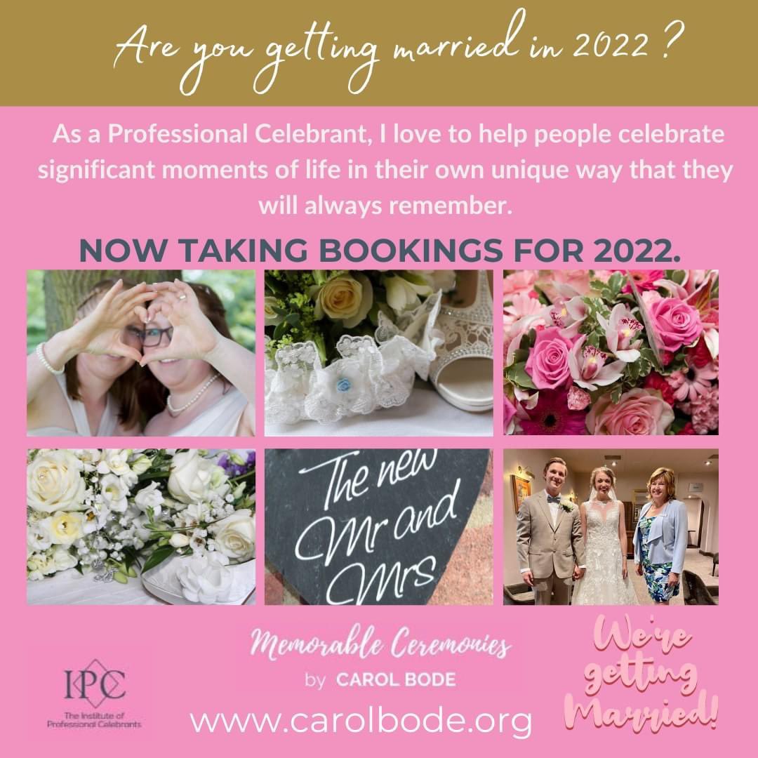 CarolBode4's tweet photo. 𝗔𝗿𝗲 𝘆𝗼𝘂 𝗴𝗲𝘁𝘁𝗶𝗻𝗴 #𝗺𝗮𝗿𝗿𝗶𝗲𝗱 𝗶𝗻 2022 𝗮𝗻𝗱 𝘄𝗼𝘂𝗹𝗱 𝗹𝗶𝗸𝗲 𝗮 #𝗯𝗲𝘀𝗽𝗼𝗸𝗲𝗰𝗲𝗿𝗲𝗺𝗼𝗻𝘆 𝗷𝘂𝘀𝘁 𝗳𝗼𝗿 𝘆𝗼𝘂?

When you choose a #Celebrant led wedding you get to have the most, memorable celebration.
Call: 07966 290524
Email: carol@carolbode.co.uk https://t.co/WCWeobt3fJ