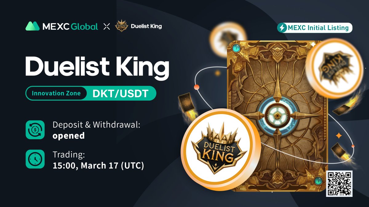 Happy to announce that the <a href="/DuelistKingNFT/">Duelist King</a> Kickstarter has concluded and $DKT will be listed on #MEXCGlobal  🔥

✅Deposit &amp; Withdrawal: OPEN
✅DKT/USDT spot trading: 15:00 Mar 17 (UTC)

Details: bit.ly/37r4Vq3

💚Sign up: bit.ly/3uemwLl

#DuelistKingNFT  #MEXC