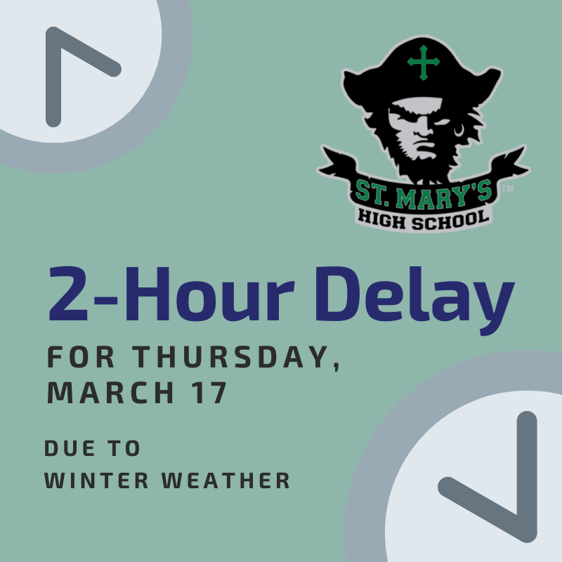 SMHSColorado's tweet photo. St. Mary’s High School will be on a two-hour delay for Thursday, March 17, due to winter weather. This delay will allow extra time for studnts to arrive on campus. Students should report in person to their first period classes by 9:30 am. 
Drive safely and see you soon! https://t.co/W5I7gydwAa