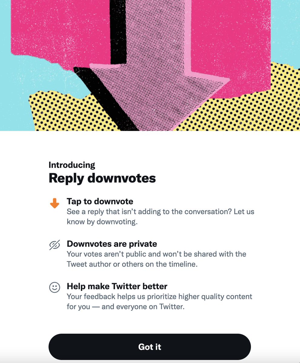 ClemenceVarszgi's tweet photo. #NewInTwitter : "Reply downvotes" est là !
En "downvotant" une reply, vous signalez à Twitter que ce contenu n'est pas intéressant / n'ajoute rien de pertinent à la conversation. La reply reste visible par vous.
Une manière pour la plateforme de continuer la chasse aux trolls ? https://t.co/adu5shIiHk