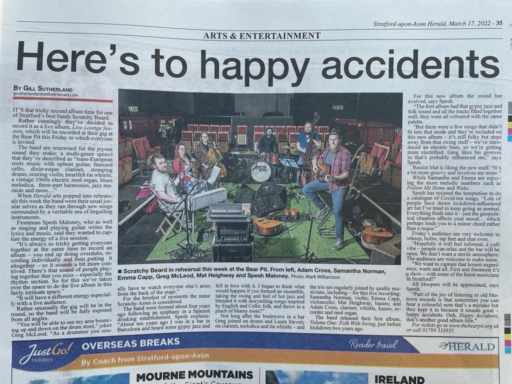 A lovely interview with the always-on-the-pulse Gill Sutherland <a href="/HeraldArts/">Gill Sutherland</a> <a href="/HeraldNewspaper/">Stratford Herald</a> 
Scratchy Beard @ The Bear Pit Theatre: Live Lounge Session TOMORROW! Fri 18th March 7:30
#livemusic #folk #folkmusic 
w/ <a href="/brothersmcleod/">Brothers McLeod</a>  @SamanthaVNorman  <a href="/MatHeighway/">Mat Heighway</a> <a href="/adamcross_music/">Adam Cross</a>