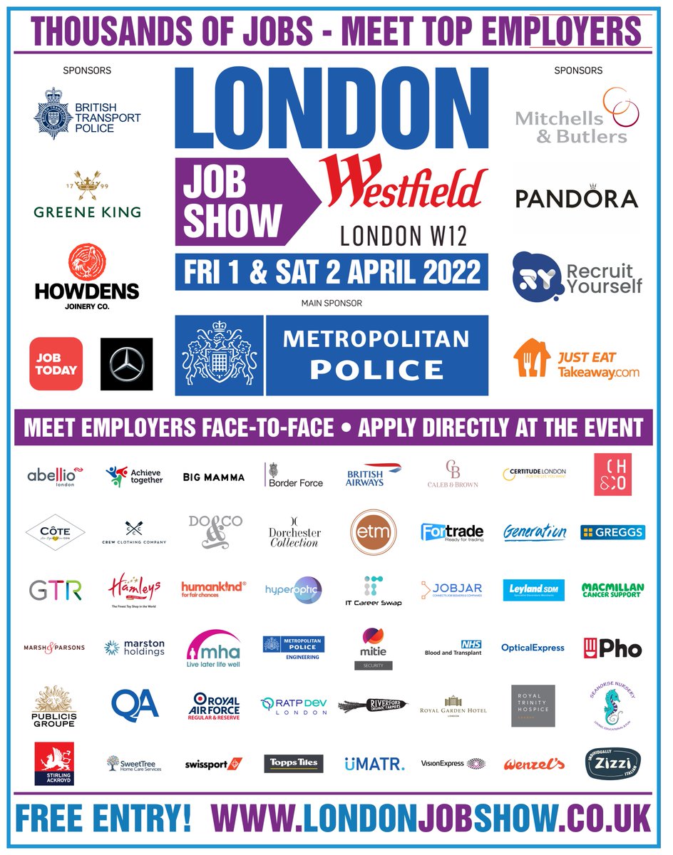 The London Job Show, taking place in Shepherds Bush, is right around the corner! 

- Meet the UK's Top Employers
- Career Workshops &amp; Seminars
- Apply Directly
- FREE to Attend!

Register for FREE here! -> 
lnkd.in/gx_RuVW

#LondonJobShow
#LondonJobs #LondonJob