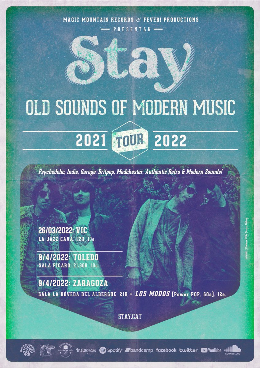 feverprod's tweet photo. Conciertos ⚡ | 🎸 La banda barcelonesa de rock psicodélico @staysongs anuncia nuevas fechas:

💥 26/3 VIC (@jazzcava)
💥 8/4 TOLEDO (@SalaPicaro)
💥 9/4 ZARAGOZA (LaBóveda del Albergue)

#MagicMountainRecords #STAY #ontour https://t.co/0UiMl6DHv0