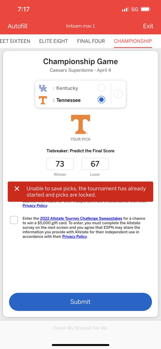 Fire_TakesOnly's tweet photo. .@ESPN @ESPNFantasy @ESPNLunardi @ESPNPR 

Why are brackets already locked when they were supposed to lock at tip of the first game today???? https://t.co/Xx6zKr3X4F
