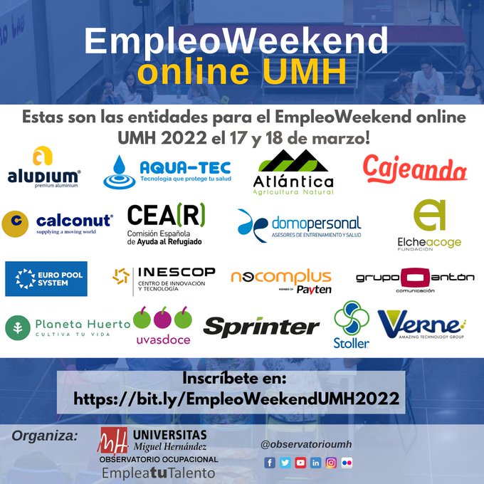 necomplus's tweet photo. Mañana presentaremos en la IX #Empleoweekend @UniversidadMH las ofertas de empleo que tenemos abiertas en @Necomplus porque sabemos que vamos a encontrar mucho talento entre los estudiantes y titulados. Os esperamos!
#empleoweekend #umh #talento #ofertasdeempleo https://t.co/eLz0LiU5Mk