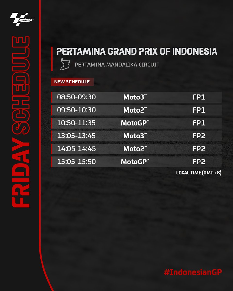 25 years of waiting and the #IndonesianGP 🇮🇩 is back 🙌

Don’t miss a second of the #MotoGP return to action with all the times for Friday Free Practice below 👀