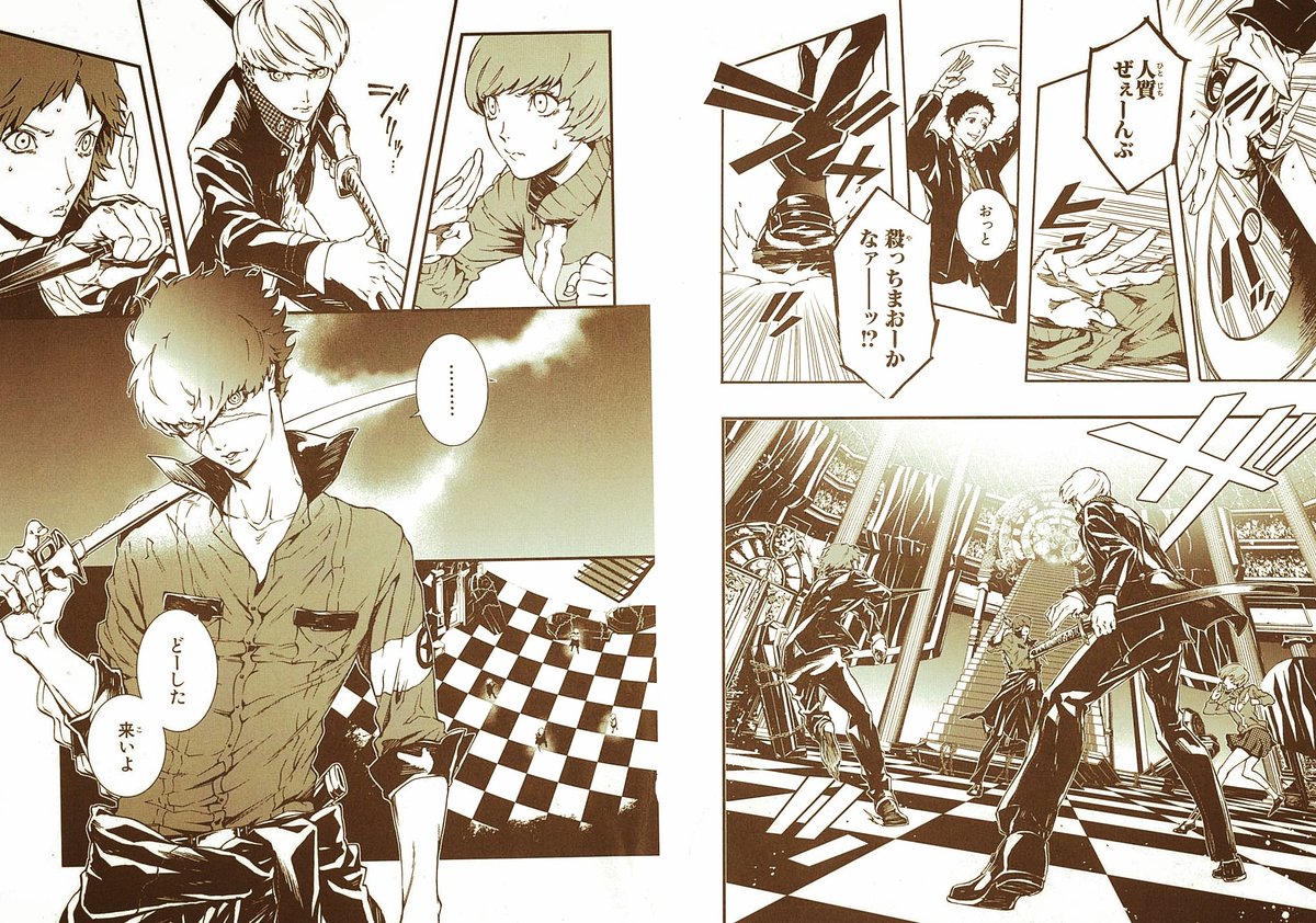 コミック版『P4U2』はゲームの世界観を再現するために、背景美術をアシスタントさんにガチで描いてもらいました。ゲーム版と見比べて楽しんでいただければと☺️ そういえば毒ガスマスクの人は、リアル等身で描いたら本当に異様だったので(笑)八十稲羽のみなさんの不安が増したのも納得でした😅 #P4U2