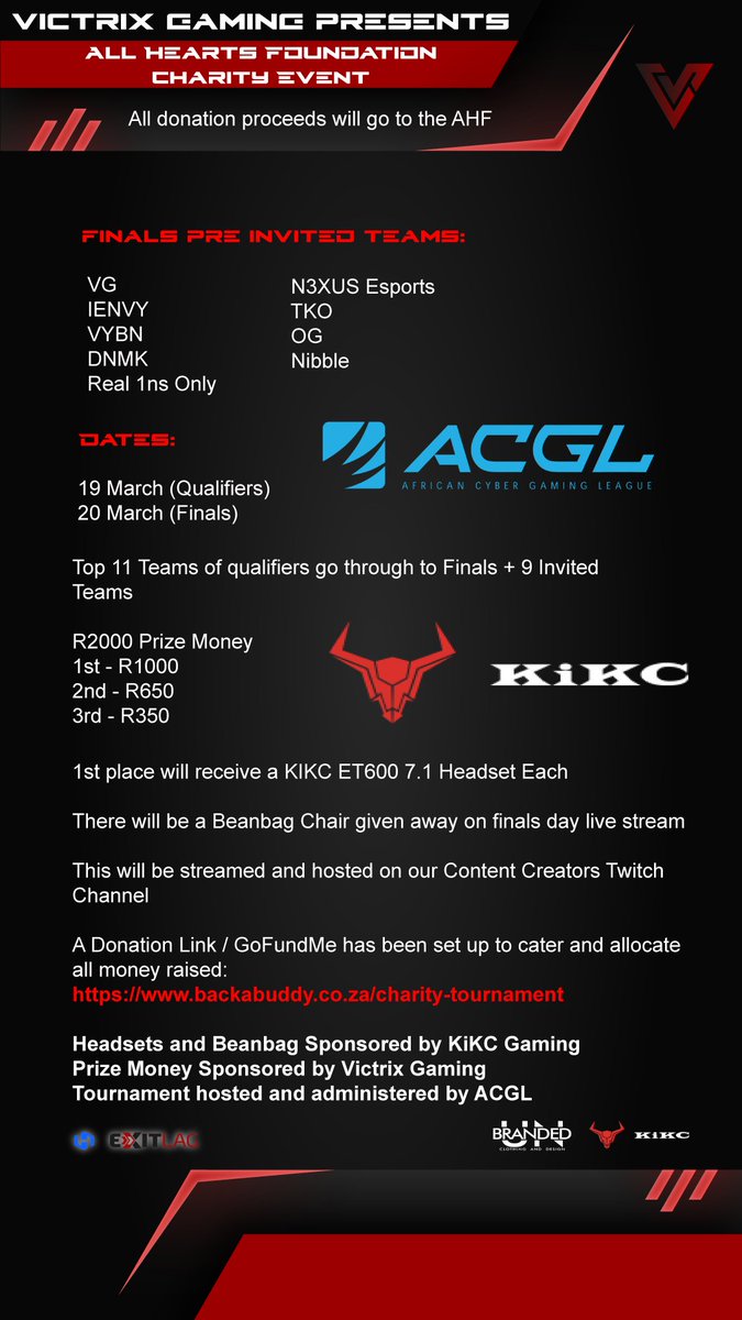 ⭐Announcement!⭐

VG presents the All Hearts Foundation Apex Legends charity event, hosted and administered by none other than the legendary <a href="/AfricanGaming/">ACGL</a> 🥳

For details and entries, please follow this link: 
acgl.co.za/apex/t/75916

See you there!
#GoVictrix 
<a href="/KikcGaming/">KIKC Gaming</a>