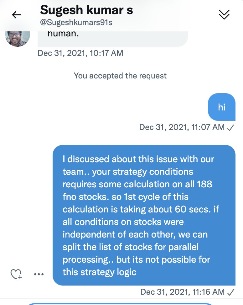 vikramcbajaj's tweet photo. @Sugeshkumars91s @Tradetron1 @umeshranglani Hi Sugesh, I had informed you 3 months ago that your strategy logic will take approx 1 min to check conditions. And team has constantly helped you with all data to verify the trades and logic of strategy for last 2 months. https://t.co/VSD2BkgbdE