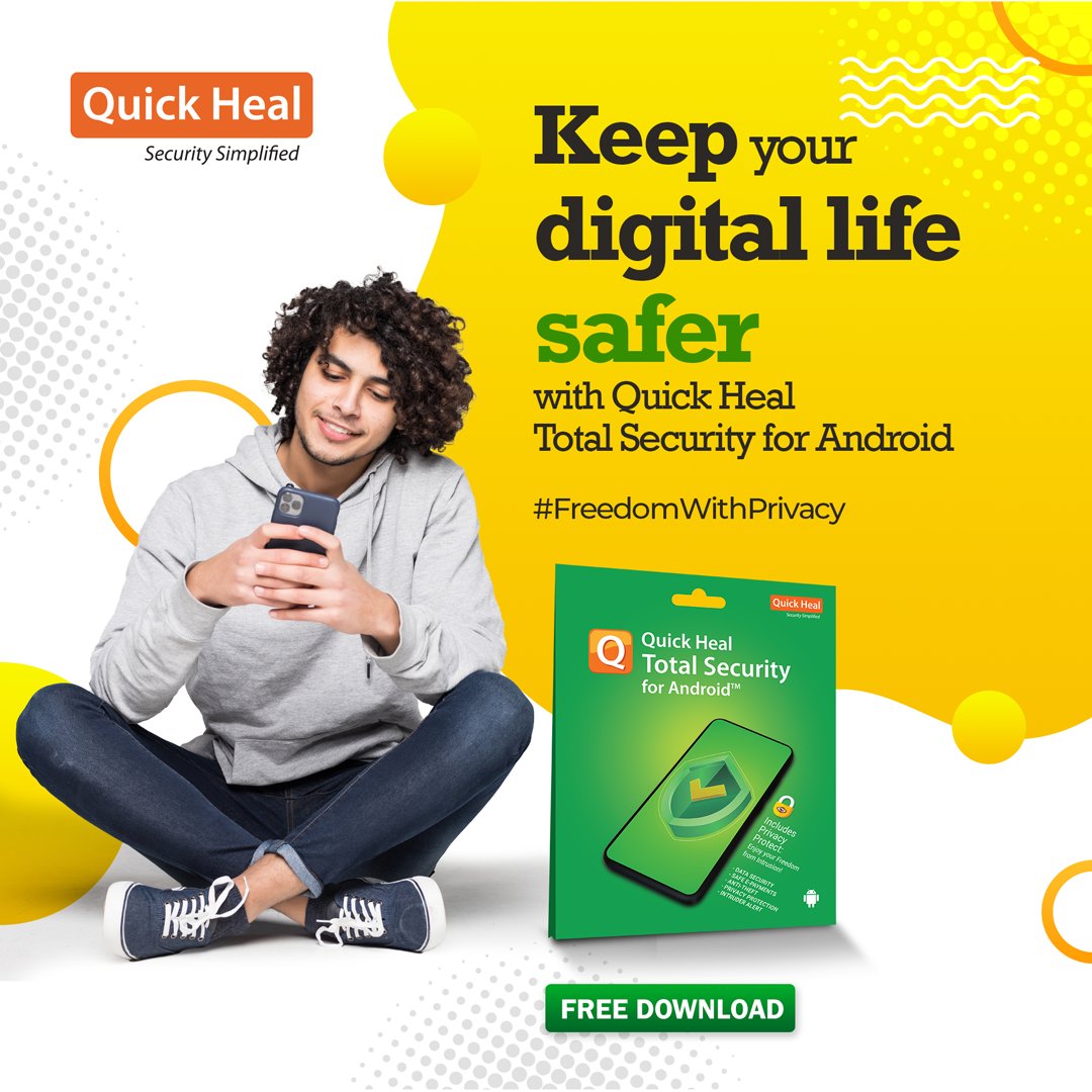 quickheal's tweet photo. Safeguard your mobile devices against malware attacks and threats to your privacy with on-the-go protection against unsafe apps, anti-theft tracker, and intruder alert features. Download the app now - https://t.co/kaeEXdnFE5
#Freedomwithprivacy #QuickHealTotalSecurityforAndroid https://t.co/w3171E7IT6