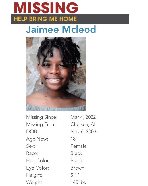 notisaidtheworm's tweet photo. 🚨MISSING TEEN🚨
May be in need of medical attention!
18y/o #JaimeeMcleod went missing March 4th from #Chelsea, #Alabama
She may still be in the local area or may travel to Birmingham, AL

If seen/have info, CALL 911 or Shelby County Sheriff 205-669-4181
#MissingPerson https://t.co/kVQVozo8Hz