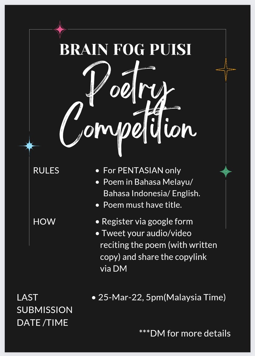 irzzwani's tweet photo. Hi all, 
You are invited to join Brain Fog Puisi - Poetry Competition 2.0.

Registration Form :
https://t.co/Pcdi15xozN https://t.co/7KqflPJEqO