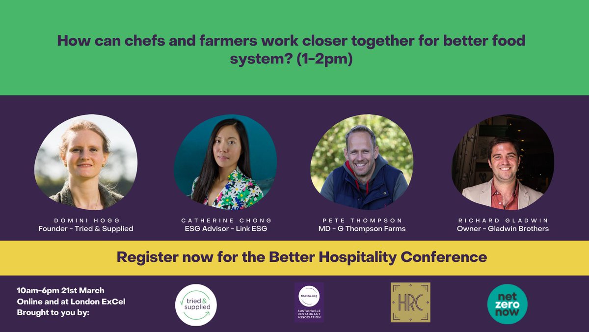 Tried_Supplied's tweet photo. Farmers &amp; chefs often lack the opportunity to support each other in meeting sustainable goals. At the #BetterHospitalityConference, our founder Domini will be joined by Catherine, Pete &amp; Richard to explore how we can help farmers &amp; chefs work together. https://t.co/v7hIAOhQTE https://t.co/vhv0Cixoc5