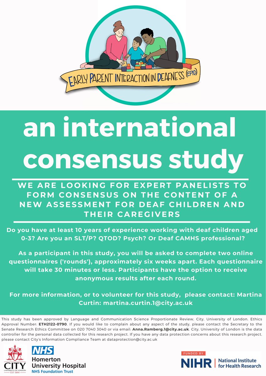 Please RT: Expert panellists required! We need consensus on a new tool in deafness for SLTs, QToDs, DCAMHS and psychs to use with parents and deaf infants. Do you fit the bill? If so, have your say! Register your interest here: cityunilondon.eu.qualtrics.com/jfe/form/SV_6q…