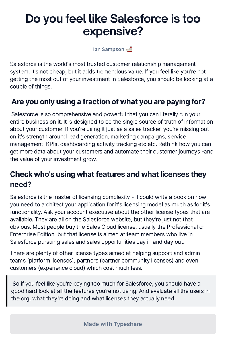 itsampson's tweet photo. People often think Saleforce is expensive, but that's only because they getting the value out of it that most other companies do. https://t.co/mfJa1bRa3O