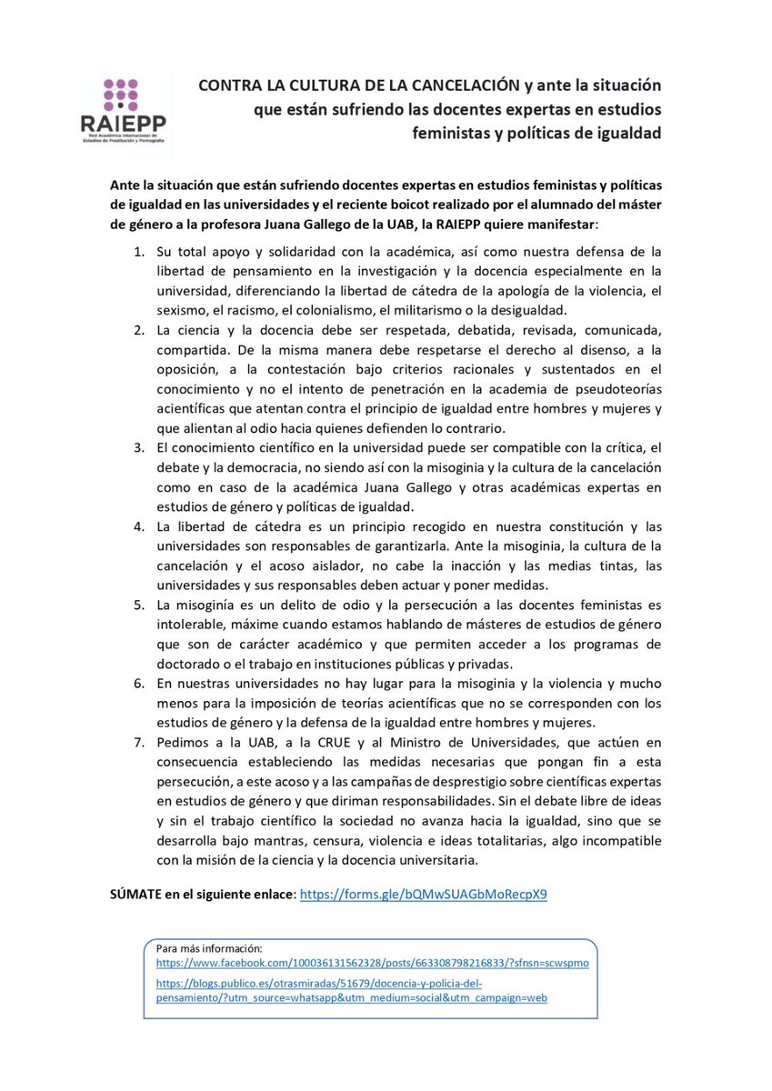 Os dejamos nuestro escrito de denuncia ante la situación que ha sufrido <a href="/juana_gallego/">Juana Gallego</a>, sabedoras de que no es la única. Tenemos que defender los estudios feministas en la academia. Puedes sumarte en: forms.gle/bQMwSUAGbMoRec…