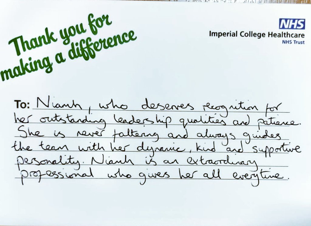 'Thank you for making a difference!' An the instant recognition award goes to Niamh O'Brien, Clinical Co-ordinator at HH Vaccination hub. @ImperialPeople 
#Makeadifferenceaward
#ThankYou