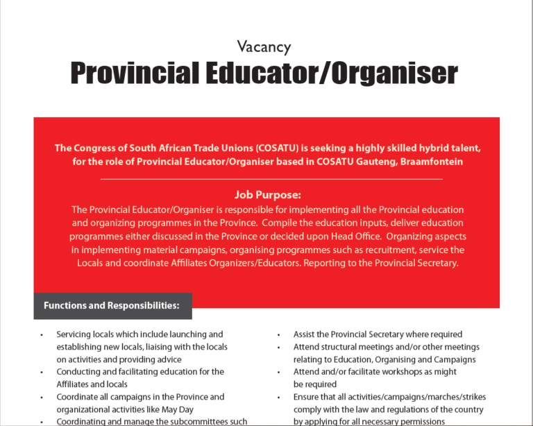 Cosatu Today В Twitter: „The Congress Of South African Trade Unions  (#Cosatu) Is Seeking A Highly Skilled Hybrid Talent, For The Role Of  Provincial Educator/Organiser Based In Cosatu Gauteng, Braamfontein. All  Applications