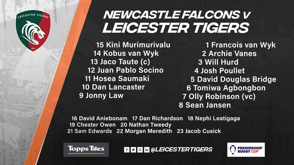 LeicesterTigers's tweet photo. 📋 𝗧𝗘𝗔𝗠 𝗡𝗘𝗪𝗦 

The Leicester Tigers 2️⃣3️⃣ for Friday night's Premiership Rugby Cup game against @FalconsRugby. 

#NEWvLEI 🦅🐯 #COYT 👊 https://t.co/wqfgAFUK5h