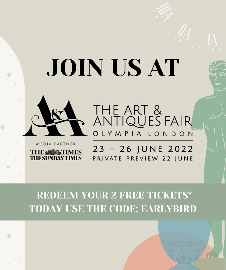 We are delighted to announce the launch of The Art &amp; Antiques Fair Olympia taking place from June 23 - 26 June 2022, with a Private Preview on 22 June.
Redeem 2 complimentary invitations (£2.50 booking fee per ticket). Enter EARLYBIRD before 11.59 PM on 4 April - Link in the bio!
