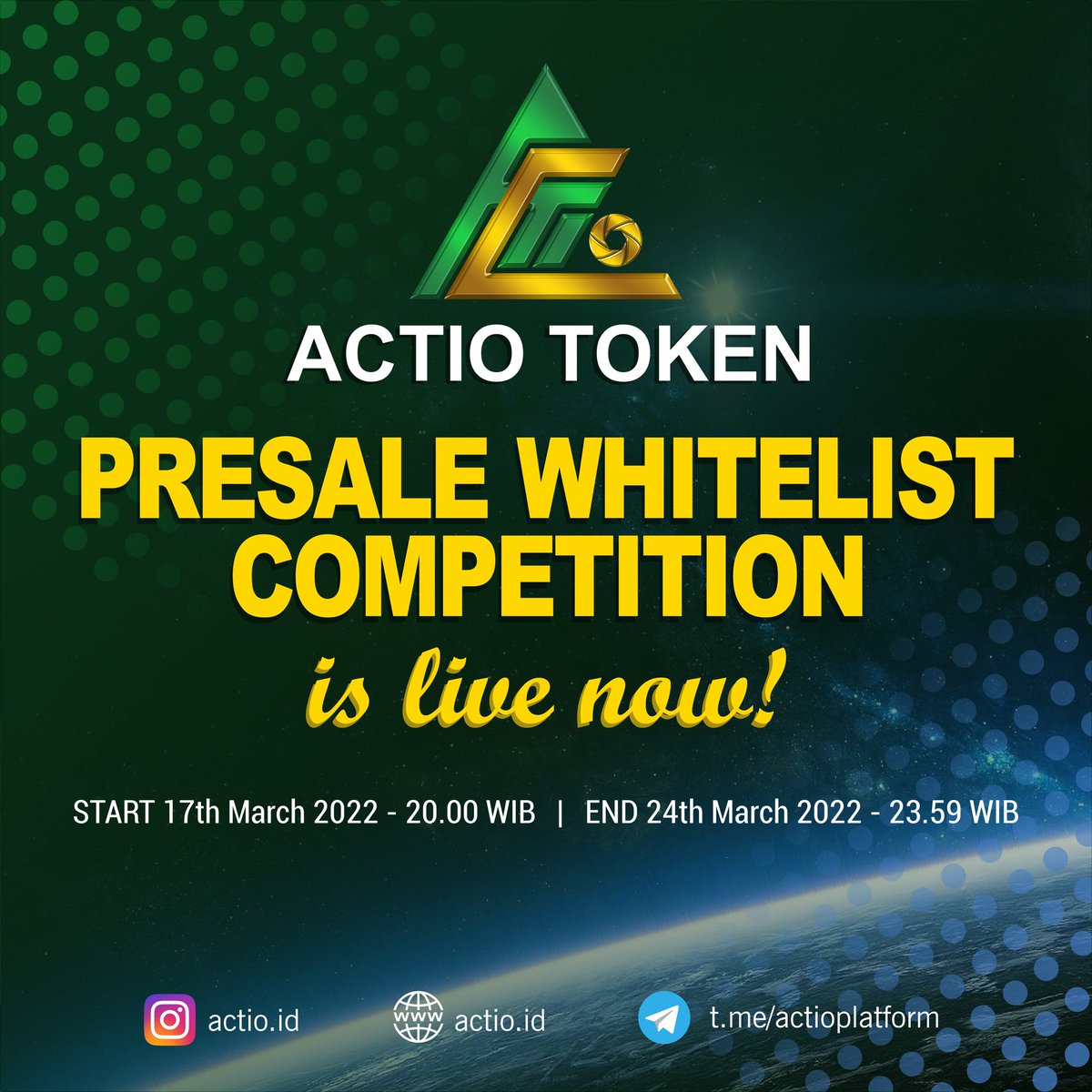 Presale whitelist Competition

Complate Tasks
1. Complete tasks sweepwidget.com/view/53211-k7l…
2. Follow, RT &amp; Tag 3 friends
Join Group &amp; channel
1. t.me/actioplatform
2. t.me/actioglobal
3. t.me/actioannouncem…

#Whitelist  #actiotoken #presale #idmlaunchpad #PinkSale