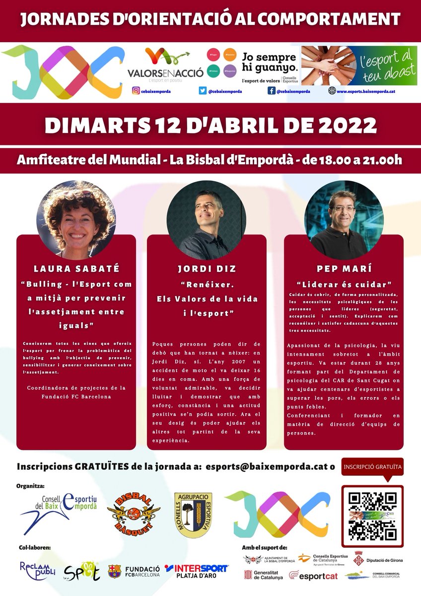 Us presentem la VIII Edició de les JOC amb <a href="/LauraSabate1/">Laura Sabate</a> de <a href="/FundacioFCB/">Barça Foundation</a>, <a href="/jordi_diz/">Jordi Diz</a> i <a href="/pepmari4/">Pep Marí</a> 
🗓️Dimarts 12 d'abril de 2022 
🚩Amfiteatre del Mundial <a href="/labisbalemporda/">La Bisbal d'Empordà</a> 
🕰️De 18.00h a 21.00h.
Inscripcions gratuïtes a: forms.gle/qTowYA582pNmvk…