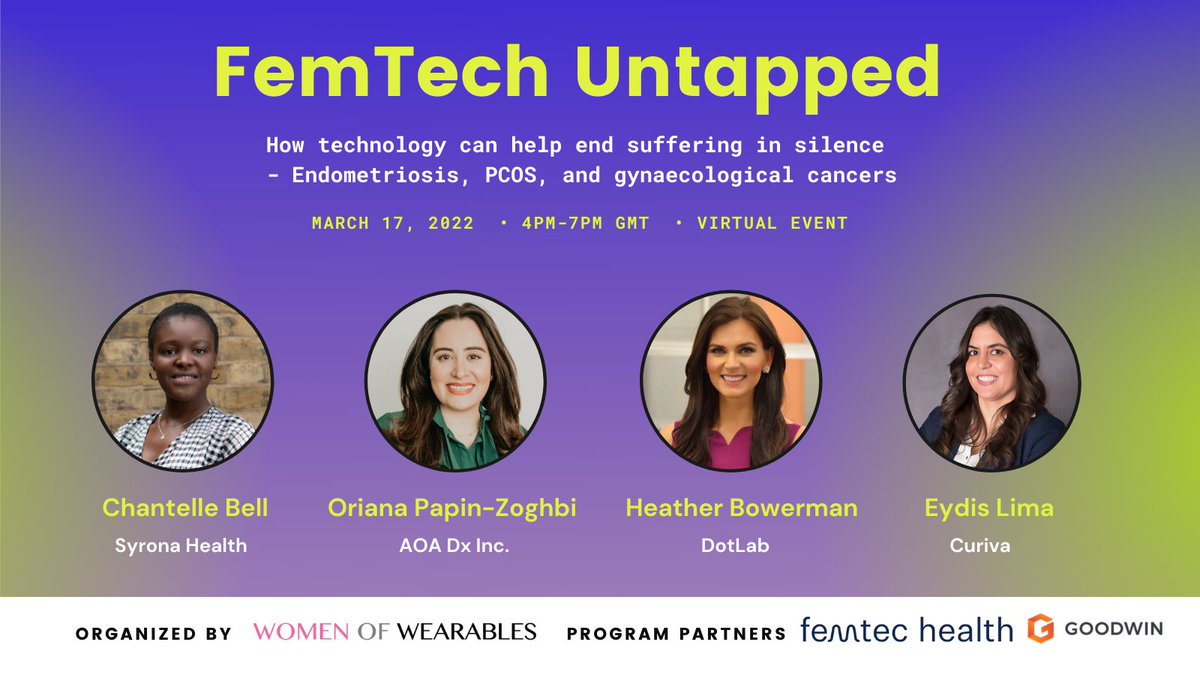 Women_Wearables's tweet photo. Happening today! We will be discussing all things #Endometriosis, #PCOS and Gynaecological cancers w/ 
@curiva_co @HelloDotLab @SyronaHealth @AOA_Dx
 🚀
Program is powered by #FemtecHealth 
@goodwinlaw 

https://t.co/dNFrPmaPJa https://t.co/SvKi8BENRd
