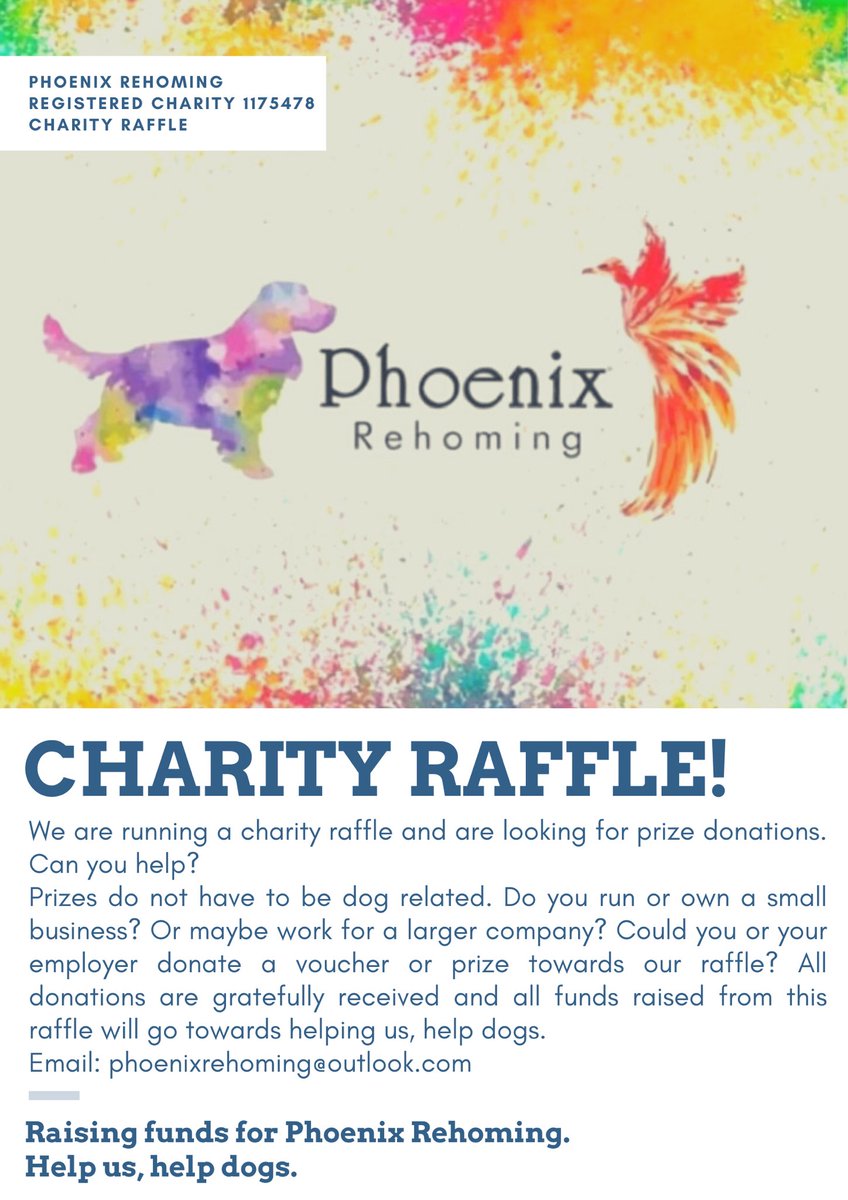 SoSophGC's tweet photo. Phoenix Rehoming are a non-profit charity who rescue and rehome dogs from the UK and abroad. Having just reached their 1,500th dog rehomed, they are running a fundraising raffle and are looking for prize donations. Can you help at all? #fundraising #adoptdontshop #dogrescue #help https://t.co/IsVQdWEzWF