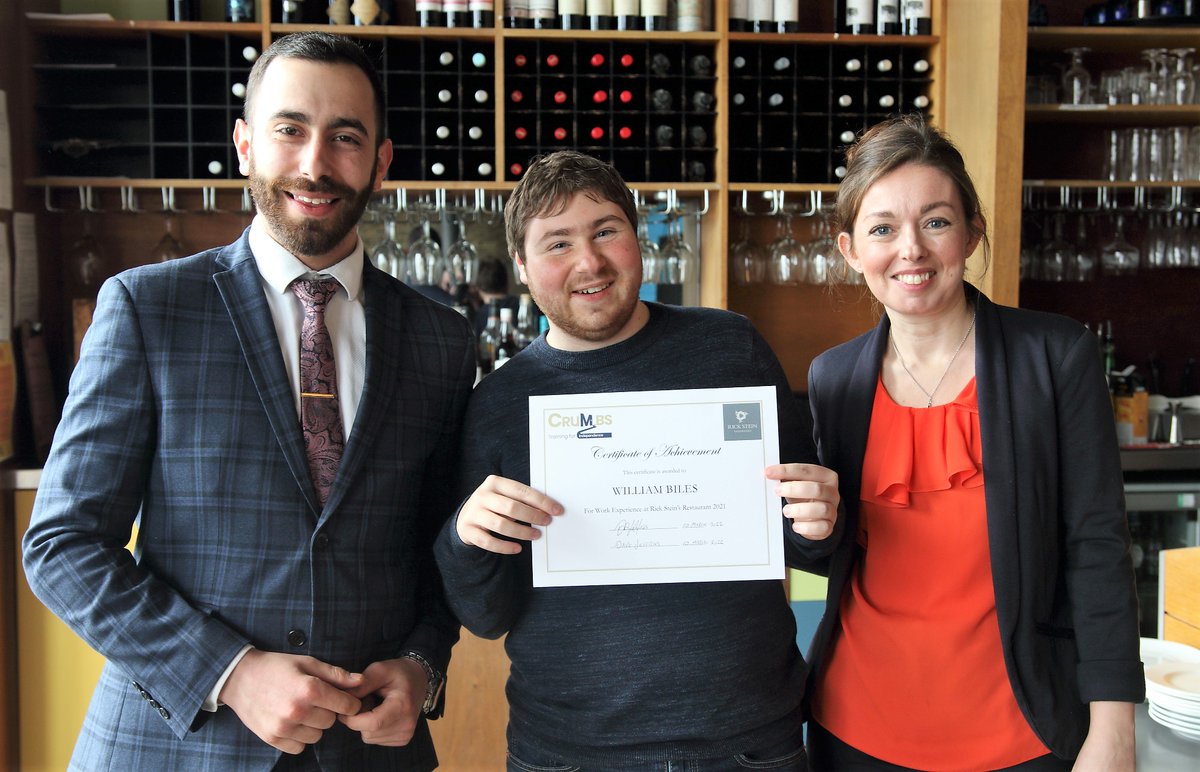 Our thanks to Ramon and Georgina from <a href="/SteinSandbanks/">Rick Stein, Sandbanks</a> for joining <a href="/CrumbsProject/">The Crumbs Project</a> Trainee Awards event. Here is Trainee William receiving this award for completing work experience <a href="/RickSteinRest/">Rick Stein Restaurants</a>