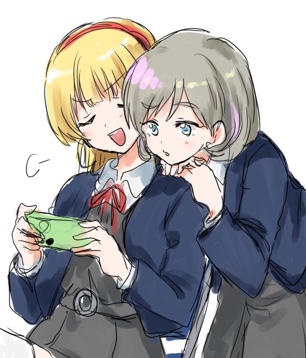 multiple girls 2girls yuigaoka school uniform school uniform blonde hair phone holding phone  illustration images