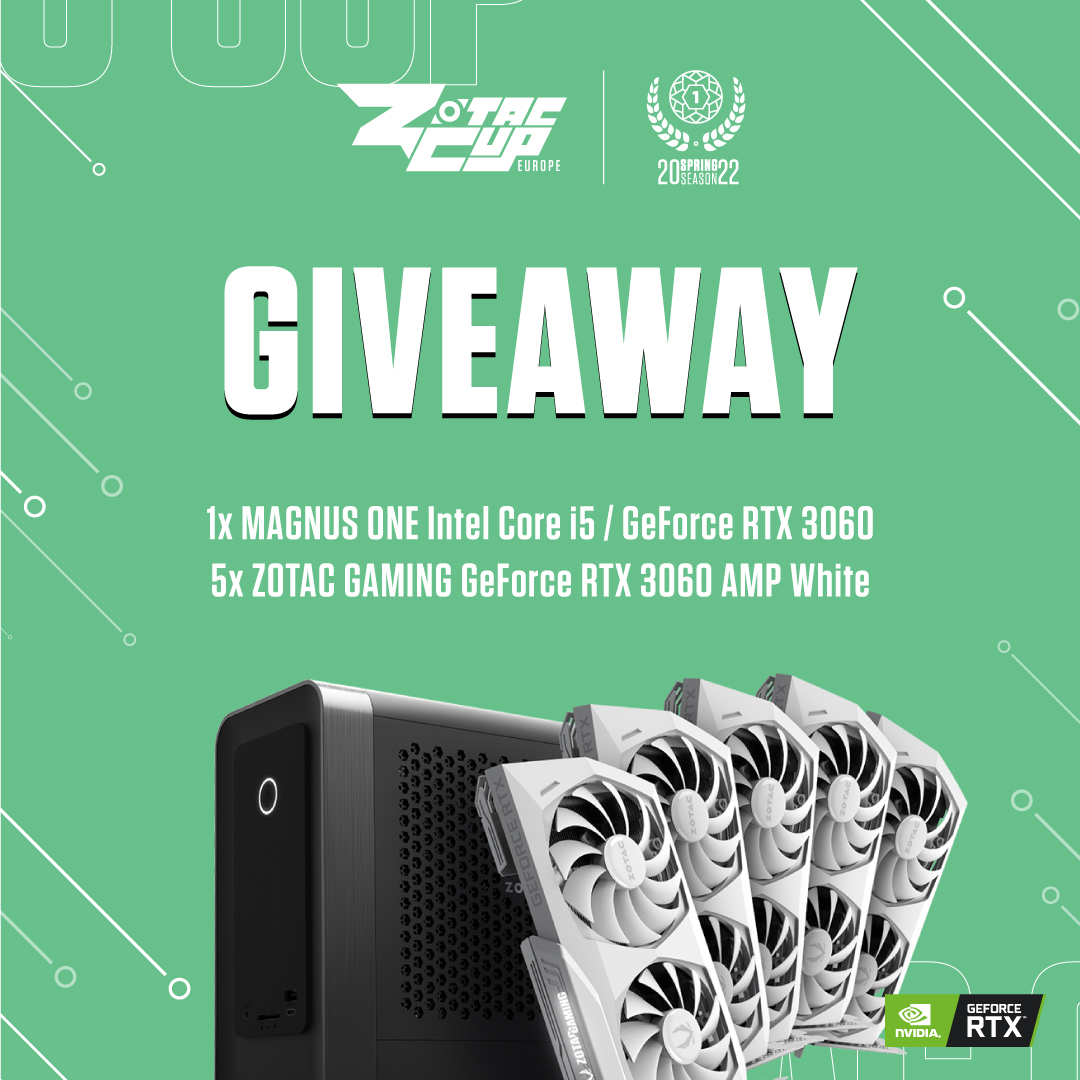 Today is the Grand Finale of the ZOTAC CUP Europe Spring Season and to make your wait a little shorter, we're giving away a MAGNUS ONE Mini-PC and 5 ZOTAC GAMING GeForce RTX 3060 AMP White 🥳

Join the Giveaway 👉 zotaccup.com