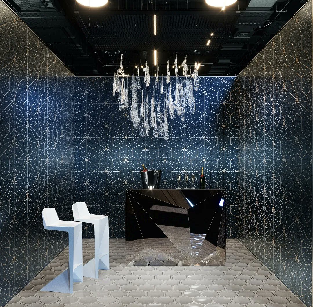DIFFANational's tweet photo. @MayaRomanoff and @jbi_design introduce “The Astral Bar”––an elegant depiction of hospitality travel in space in the coming future. @jbi_design designed the Ajiro Burst of Happiness wallcovering to evoke the sensation of floating in a starry sky. #DIFFAbyDESIGN #MakingaDIFFArence https://t.co/rPIiVP5akg
