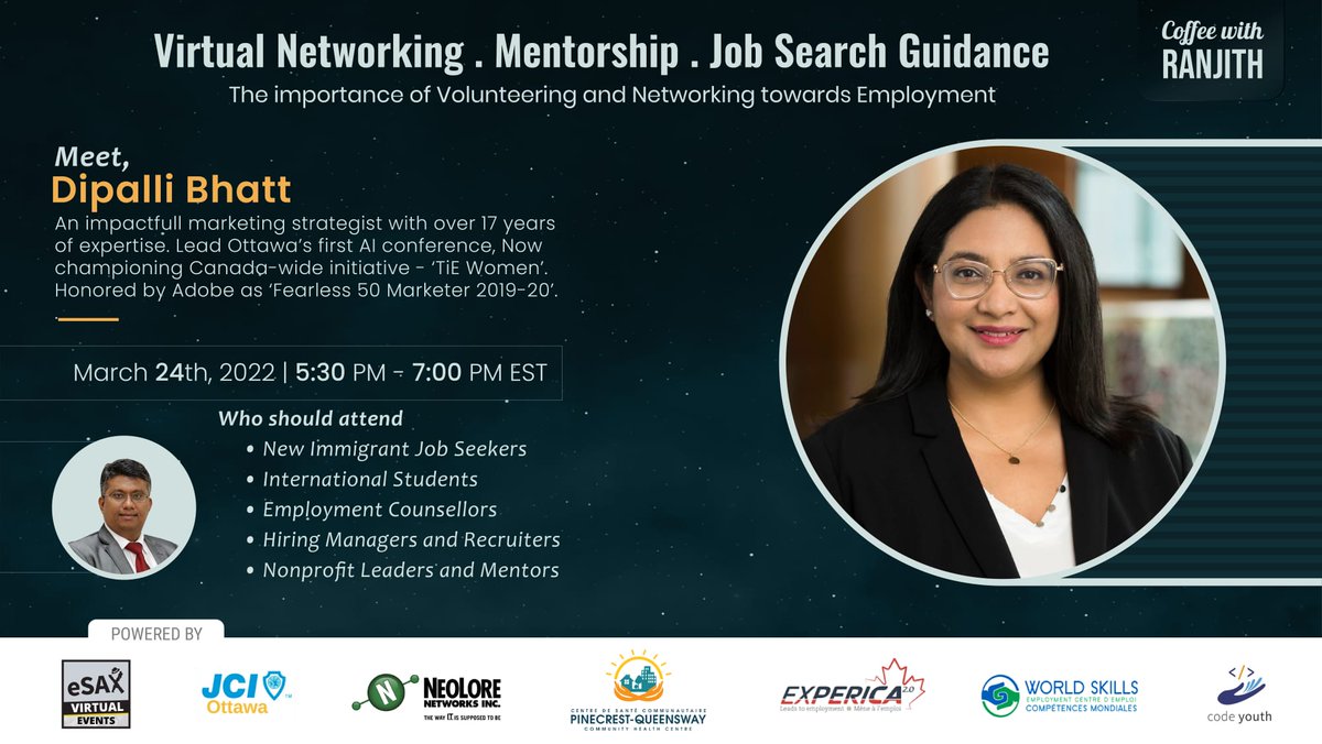 mathew_ranjith's tweet photo. #CoffeeWithRanjith - A virtual networking event to connect #newcomer #jobseekers and international students to mentors and #jobdevelopers from the National Capital Region-Ottawa. March 24th @ 5.30pm #VirtualNetworking #Mentorship #OttawaJobs https://t.co/oejmFkafUz https://t.co/IR2bqw27KQ