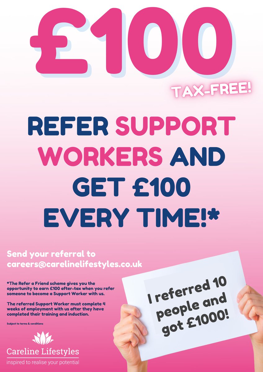 CarelineCare's tweet photo. Refer a friend and get £100! 💰

There is no cap on this, so you can refer as many Support Workers as you want!

Do you know anyone would be a perfect fit here at Careline Lifestyles? Email us for more information: careers@carelinelifestyles.co.uk https://t.co/ZPC2zGxMBL
