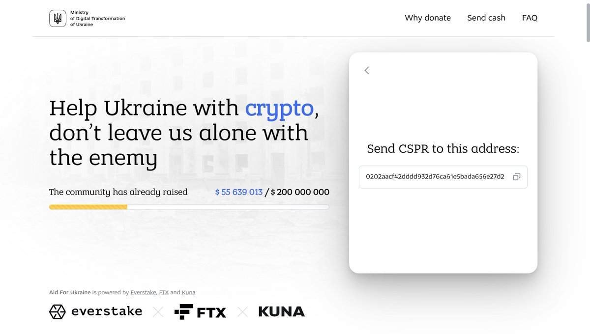 🇺🇦<a href="/Casper_Network/">Casper</a> $CSPR is now accepted for donations by <a href="/mintsyfra/">Мінцифра</a> in support of <a href="/Ukraine/">Ukraine / Україна</a>

#Casper, <a href="/realMAKETech/">MAKE Technology</a>, <a href="/everstake_pool/">Everstake</a>, <a href="/FTX_Official/">FTX</a>, <a href="/KunaExchange/">Bartolini</a> stand with #Ukraine

💙💛 #HelpUkraineWithCrypto at donate.thedigital.gov.ua