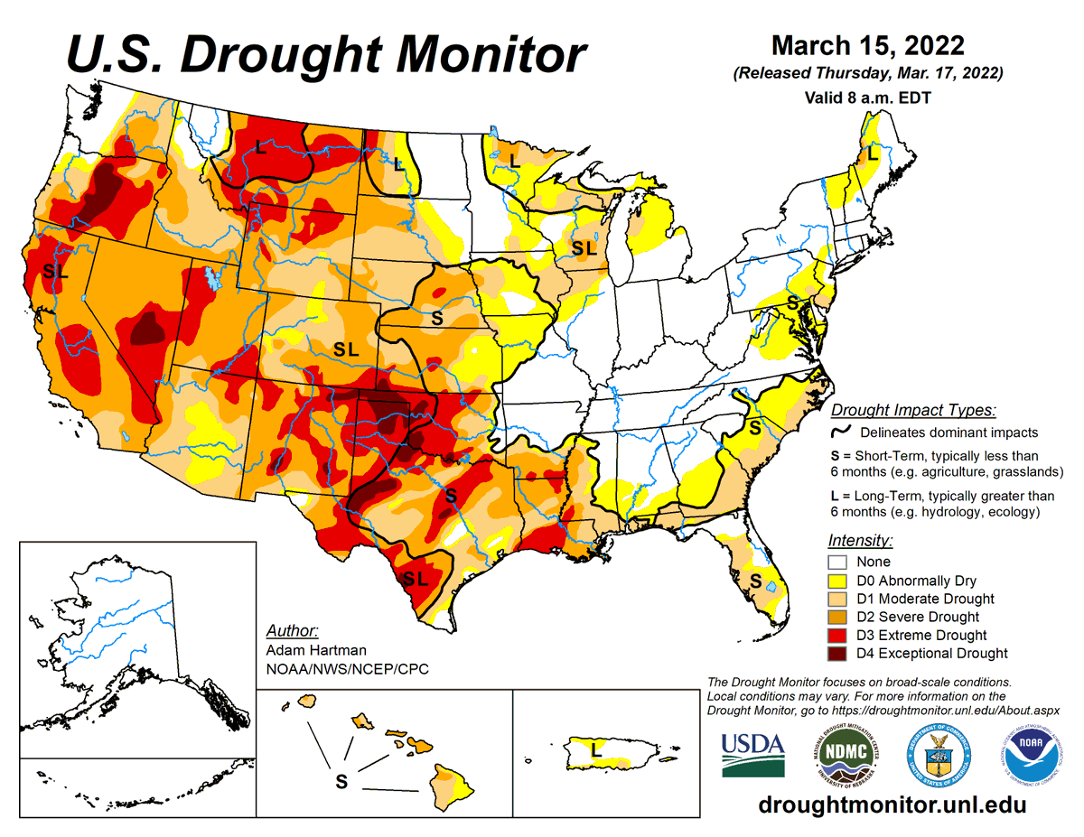 DroughtCenter's tweet photo. US Drought Monitor 3-17-22:
The current U.S. drought got slightly smaller but more intense. The area in moderate drought or worse is down slightly to 51.1% but the area in severe drought is up half a percentage point to 35.5%.
@droughtgov @noaancei @USDAclimatehubs @usdafsa https://t.co/8Z2ZXtir5M