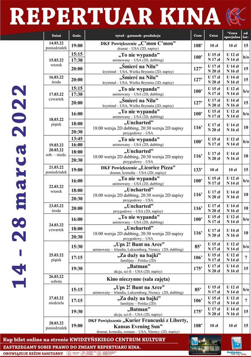 🎬 Aktualny repertuar kina do 28 marca 2022 r.
➡️ kck-kwidzyn.vectorsoft.pl/MSI/mvc/pl