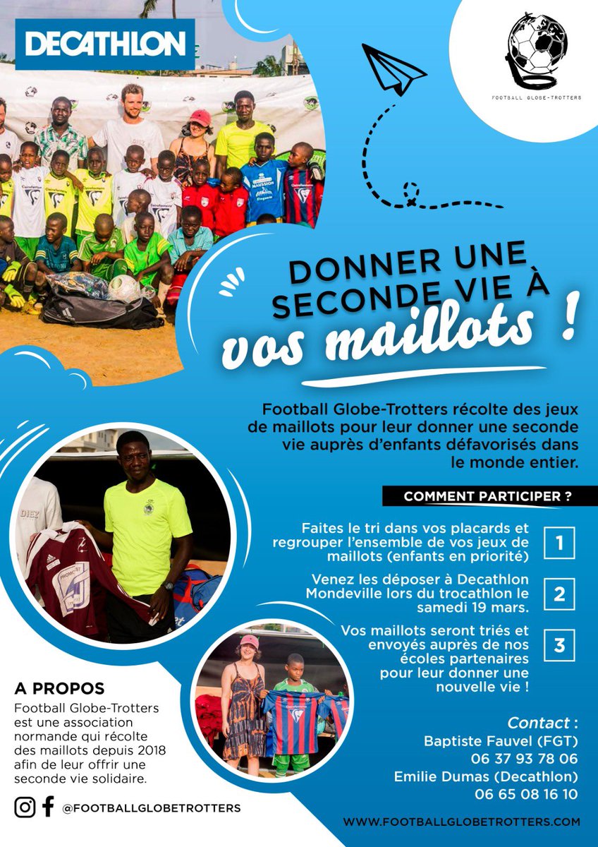 Amis Caennais, voici votre BA de la semaine 😁
➡️ L’association <a href="/F_GlobeTrotters/">Football Globe-trotters</a> récupère maillots et chaussures de foot au Décathlon de Mondeville, jusqu’à samedi 17h !