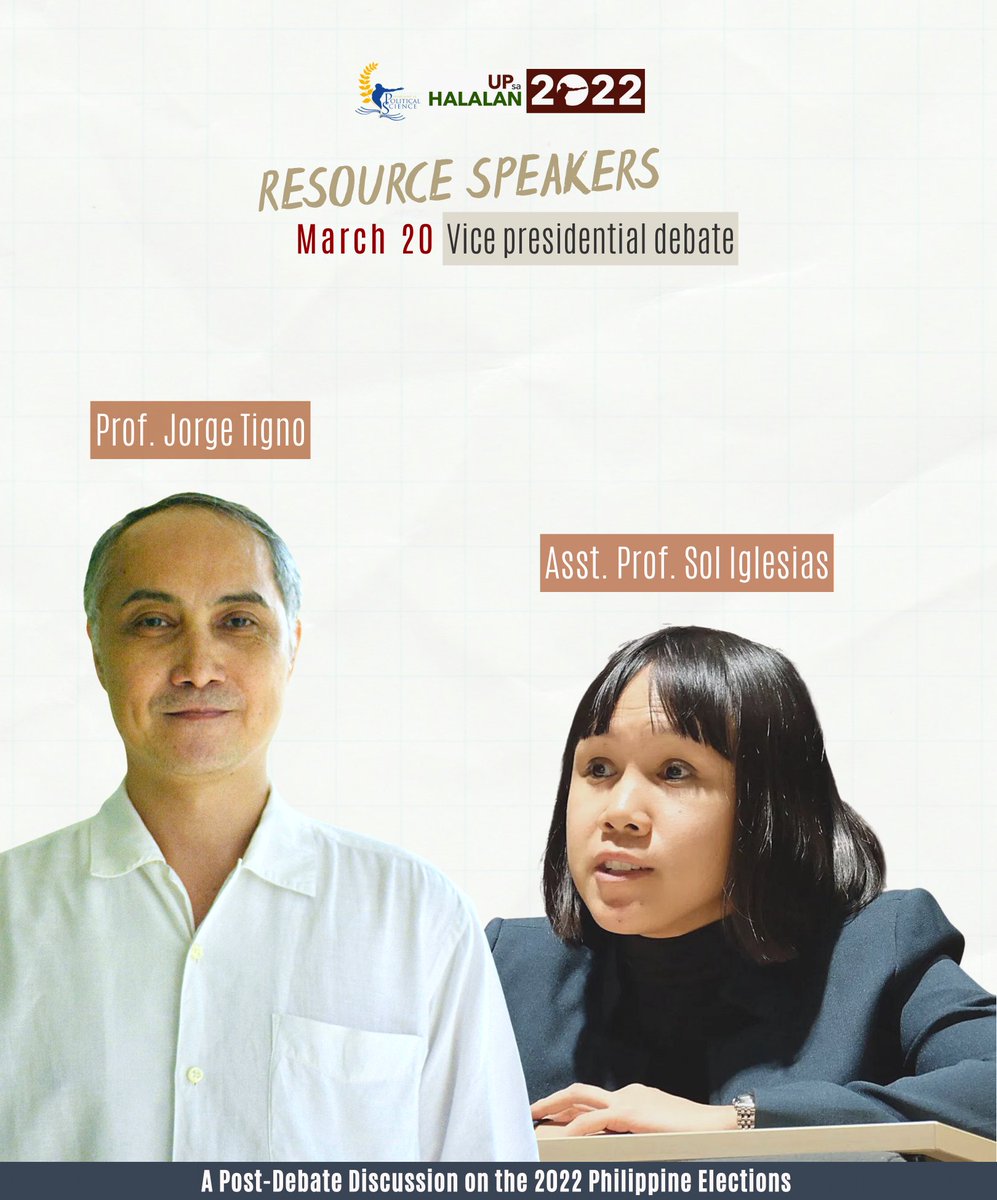 UPsaHalalan's tweet photo. Meet the resource speakers from the @upd_polsci faculty in the upcoming 𝗣𝗼𝘀𝘁-𝗗𝗲𝗯𝗮𝘁𝗲 𝗗𝗶𝘀𝗰𝘂𝘀𝘀𝗶𝗼𝗻𝘀 𝗼𝗻 𝘁𝗵𝗲 𝟮𝟬𝟮𝟮 𝗣𝗵𝗶𝗹𝗶𝗽𝗽𝗶𝗻𝗲 𝗘𝗹𝗲𝗰𝘁𝗶𝗼𝗻𝘀 this March 19 and 20 at 9.45 PM via Twitter Spaces!

#UPsaHalalan2022 https://t.co/iOrbMfEZ9S