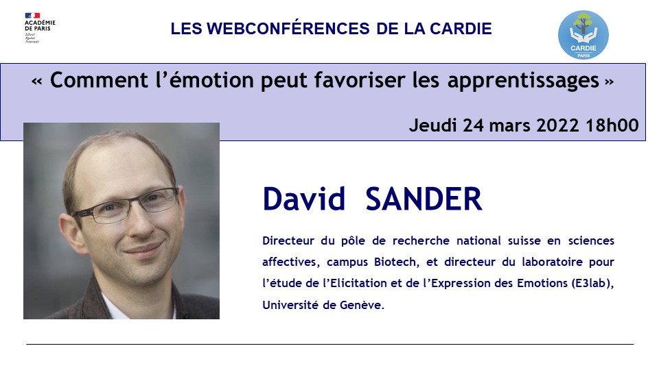FPariolleau's tweet photo. Les émotions pour faciliter les processus cognitifs essentiels pour les apprentissages. C'est avec David Sander @CISA_UNIGE #E3Lab le 24/03 18h avec CARDIE @Academie_Paris inscriptions pour tous les personnels @education_gouv👉 https://t.co/TJlMkgVXZI @CardieReunion @CardieReims https://t.co/6DN95SvvVo