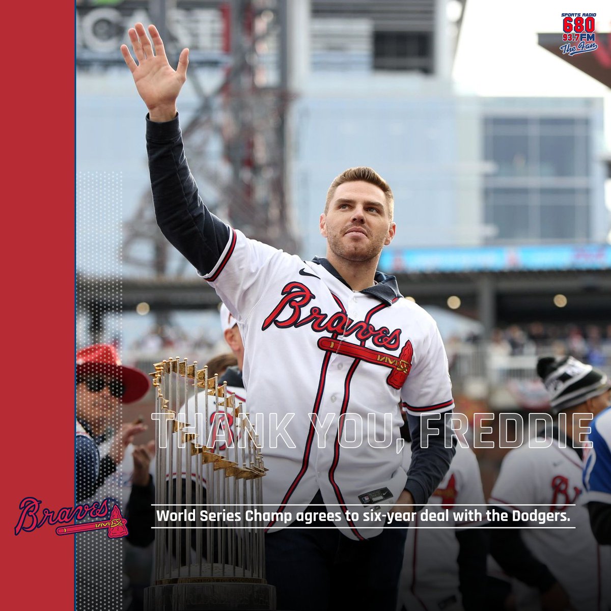 680TheFan's tweet photo. You gave us your heart, your passion and, of course, a #WorldSeries title. It will be hard to see you in Dodger blue, but we wish you and your family all the best. Thank you @FreddieFreeman5 #bighugs🤗 https://t.co/fW3kAY2Lpw