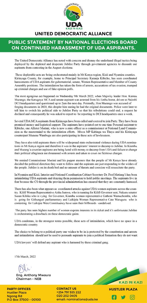 UDAKenya's tweet photo. Statement on continued harassment of UDA aspirants. https://t.co/lqPs3XZH0O